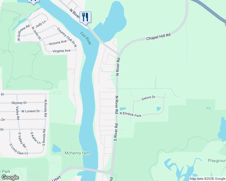 map of restaurants, bars, coffee shops, grocery stores, and more near 219 North River Road in McHenry