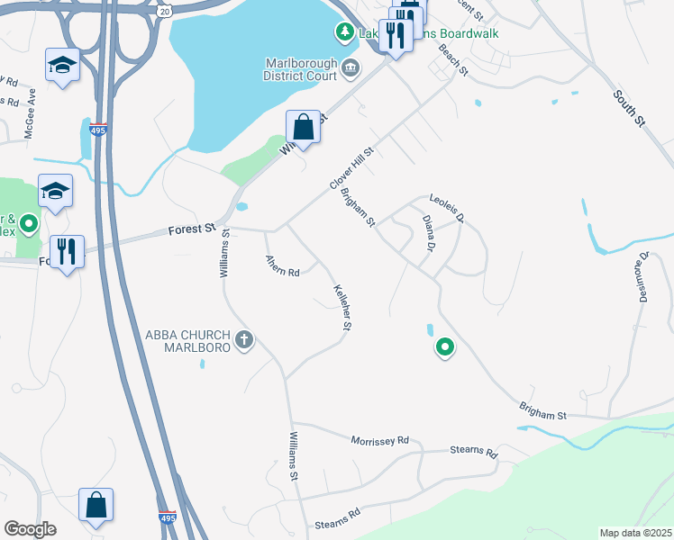 map of restaurants, bars, coffee shops, grocery stores, and more near 73 Kelleher Street in Marlborough