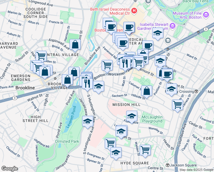 map of restaurants, bars, coffee shops, grocery stores, and more near 11 Sunset Street in Boston
