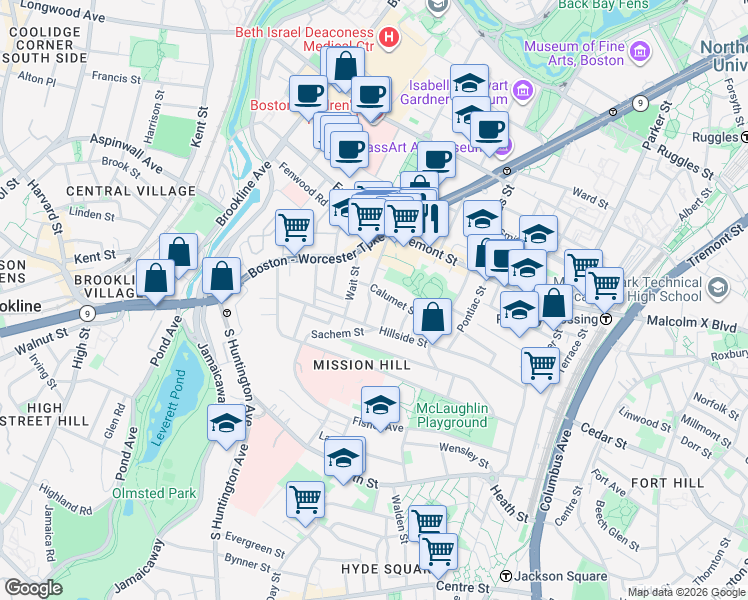 map of restaurants, bars, coffee shops, grocery stores, and more near 8 Darling Street in Roxbury Crossing