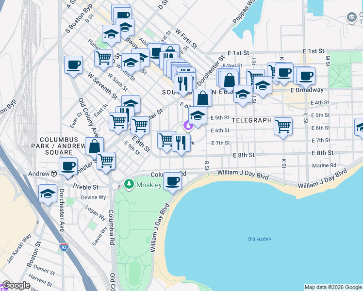 map of restaurants, bars, coffee shops, grocery stores, and more near 378 East 8th Street in Boston