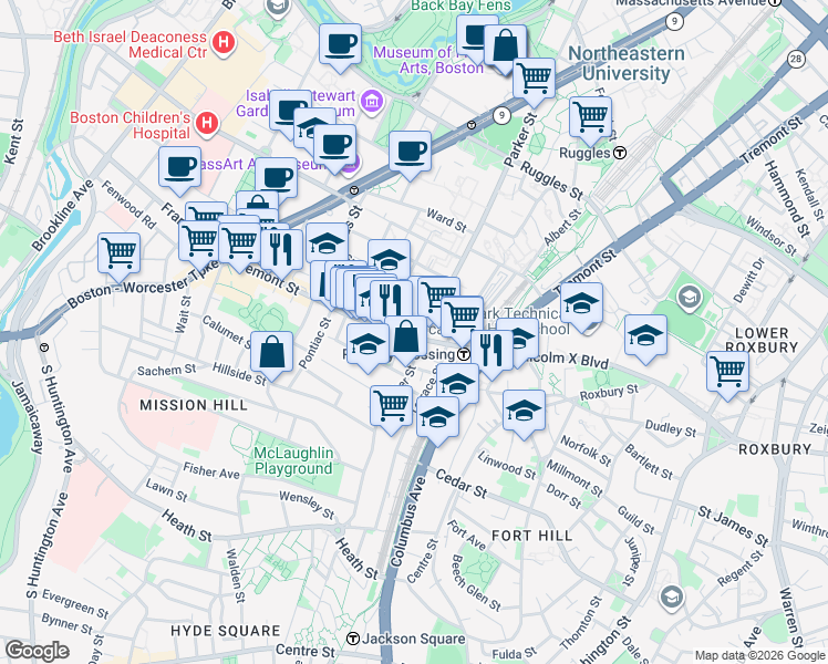 map of restaurants, bars, coffee shops, grocery stores, and more near 3 Morton Place in Boston