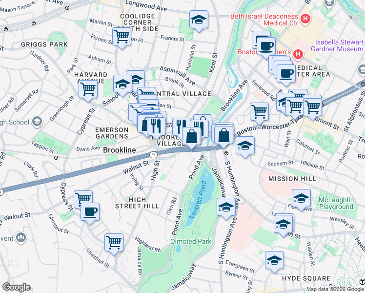 map of restaurants, bars, coffee shops, grocery stores, and more near 2 Brookline Place in Brookline