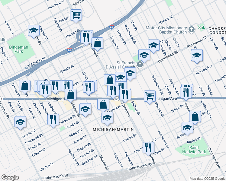 map of restaurants, bars, coffee shops, grocery stores, and more near 6300 Michigan Avenue in Detroit