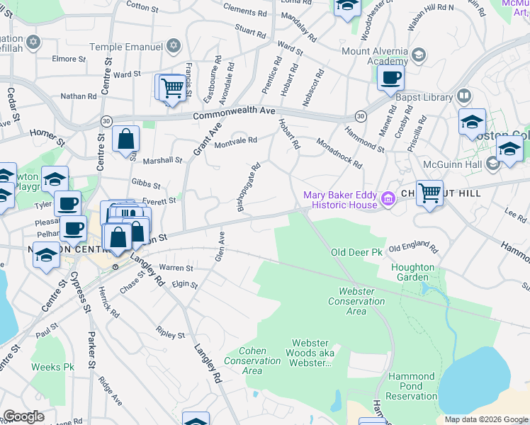 map of restaurants, bars, coffee shops, grocery stores, and more near 582 Beacon Street in Newton