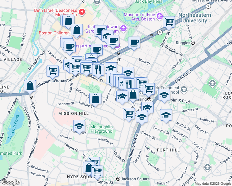 map of restaurants, bars, coffee shops, grocery stores, and more near 19A Burney Street in Boston