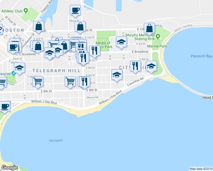 map of restaurants, bars, coffee shops, grocery stores, and more near 1 Hardy Street in Boston