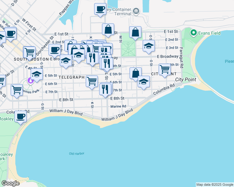 map of restaurants, bars, coffee shops, grocery stores, and more near 681 East 8th Street in Boston