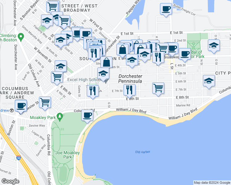 map of restaurants, bars, coffee shops, grocery stores, and more near 454 East 8th Street in Boston