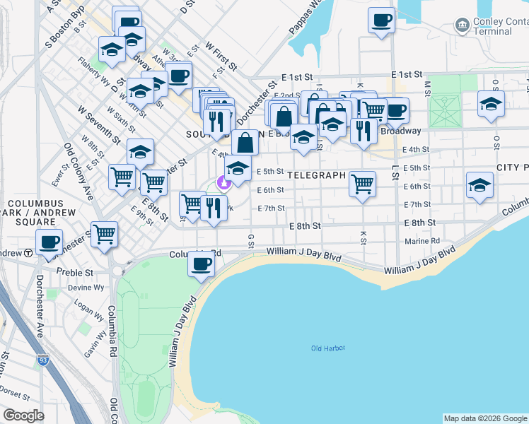 map of restaurants, bars, coffee shops, grocery stores, and more near 454 East 8th Street in Boston
