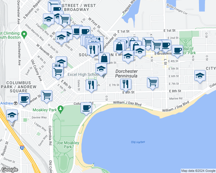 map of restaurants, bars, coffee shops, grocery stores, and more near 412 East 8th Street in Boston