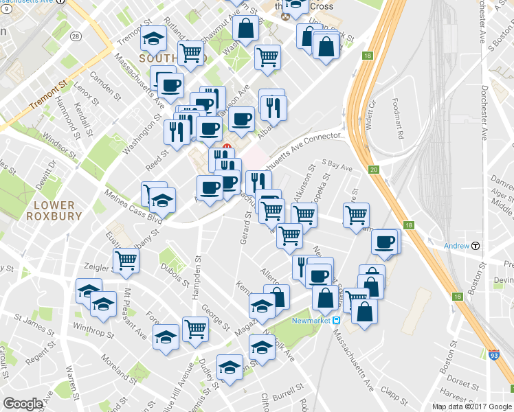 map of restaurants, bars, coffee shops, grocery stores, and more near 8 Gerard Street in Boston