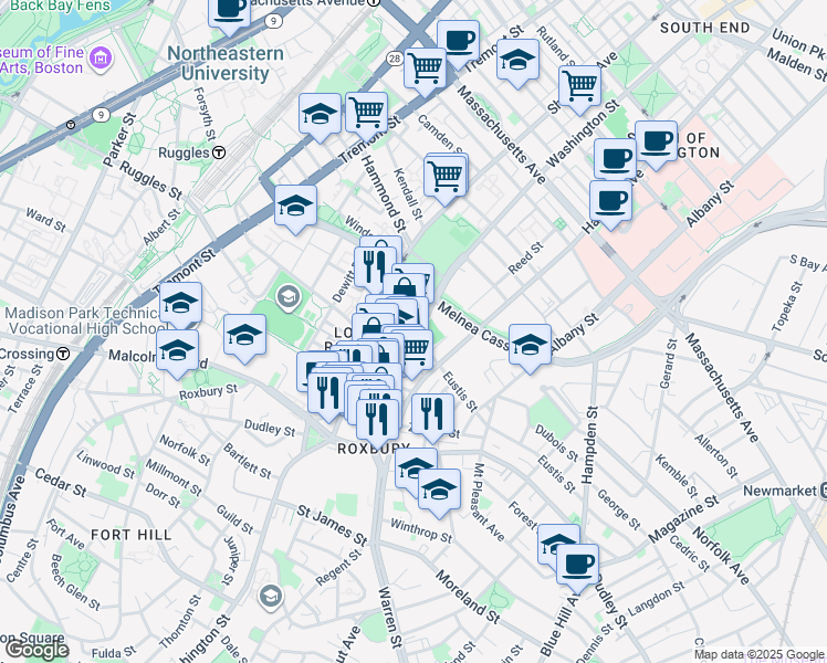 map of restaurants, bars, coffee shops, grocery stores, and more near 16 Eustis Street in Boston