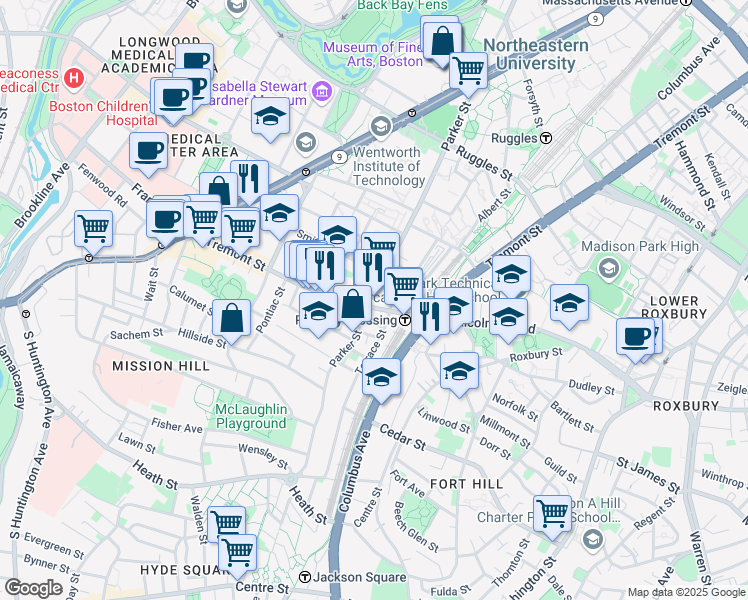 map of restaurants, bars, coffee shops, grocery stores, and more near 3 Morton Place in Boston