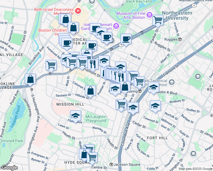 map of restaurants, bars, coffee shops, grocery stores, and more near 19A Burney Street in Boston