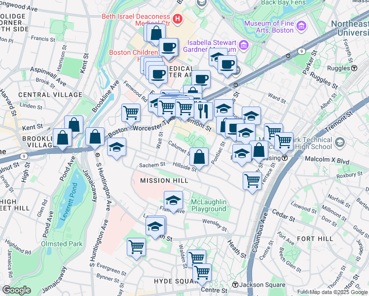 map of restaurants, bars, coffee shops, grocery stores, and more near 5 Oswald Street in Boston