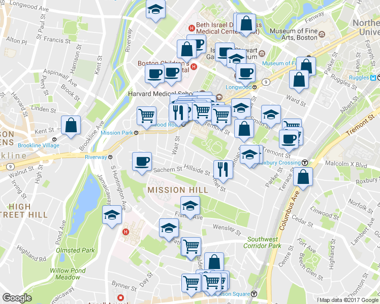 map of restaurants, bars, coffee shops, grocery stores, and more near 5 Oswald Street in Boston
