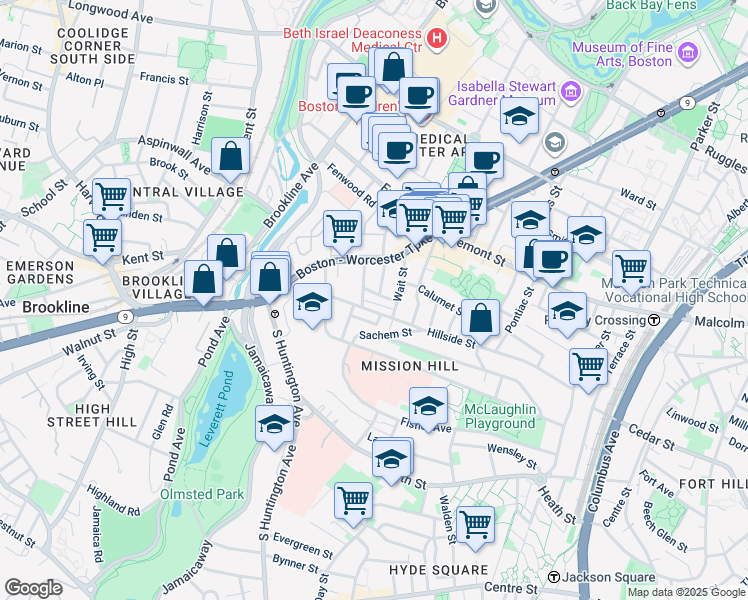map of restaurants, bars, coffee shops, grocery stores, and more near 168 Hillside Street in Boston