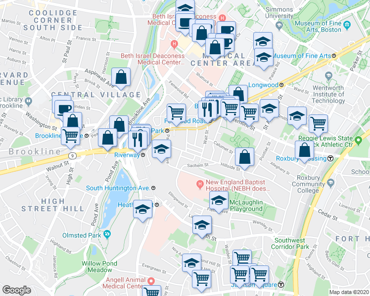 map of restaurants, bars, coffee shops, grocery stores, and more near 168 Hillside Street in Boston