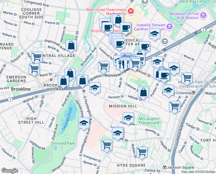 map of restaurants, bars, coffee shops, grocery stores, and more near 168 Hillside Street in Boston
