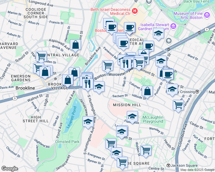 map of restaurants, bars, coffee shops, grocery stores, and more near 11 Sunset Street in Boston