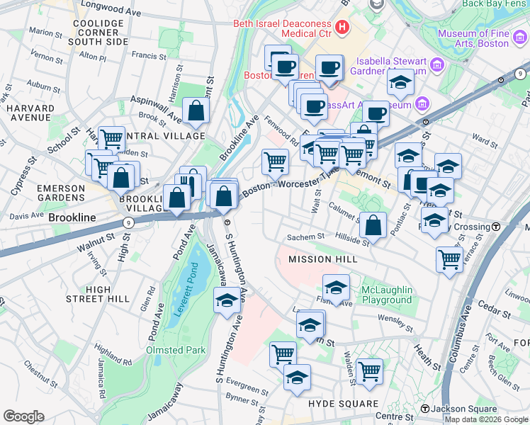 map of restaurants, bars, coffee shops, grocery stores, and more near 11 Sunset Street in Boston