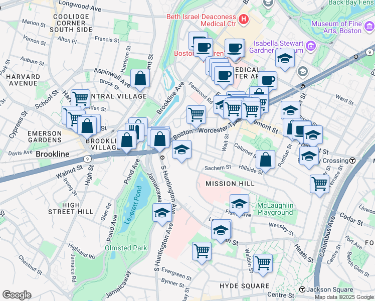 map of restaurants, bars, coffee shops, grocery stores, and more near 11 Sunset Street in Boston