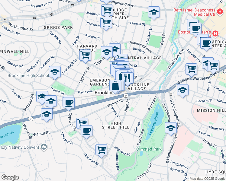 map of restaurants, bars, coffee shops, grocery stores, and more near 71 Massachusetts 9 in Brookline