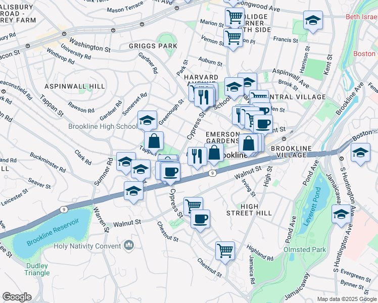 map of restaurants, bars, coffee shops, grocery stores, and more near 118 Davis Avenue in Brookline