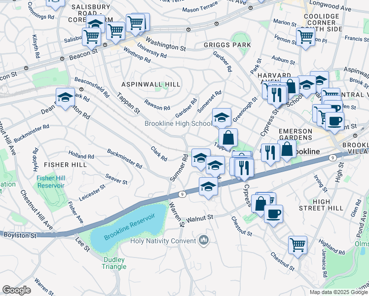 map of restaurants, bars, coffee shops, grocery stores, and more near 86 Sumner Road in Brookline
