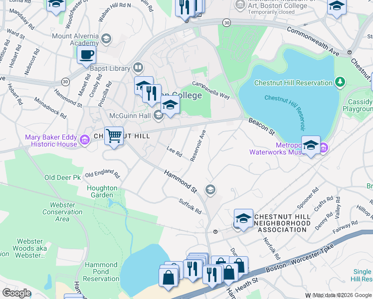 map of restaurants, bars, coffee shops, grocery stores, and more near 17 Lee Road in Newton