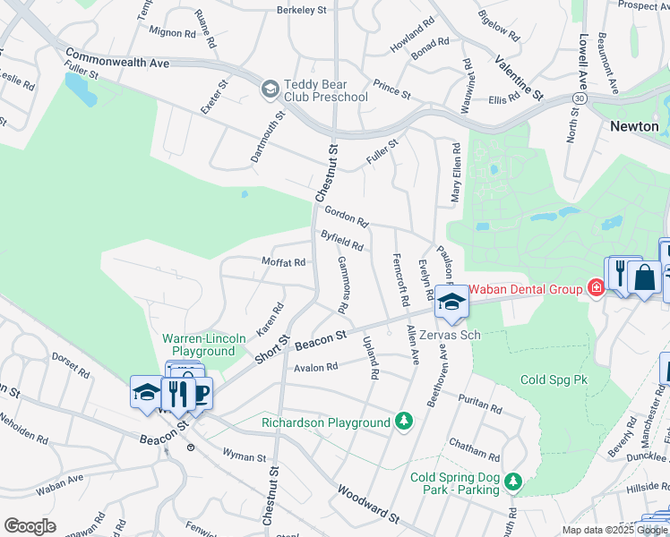 map of restaurants, bars, coffee shops, grocery stores, and more near 54 Gammons Road in Newton