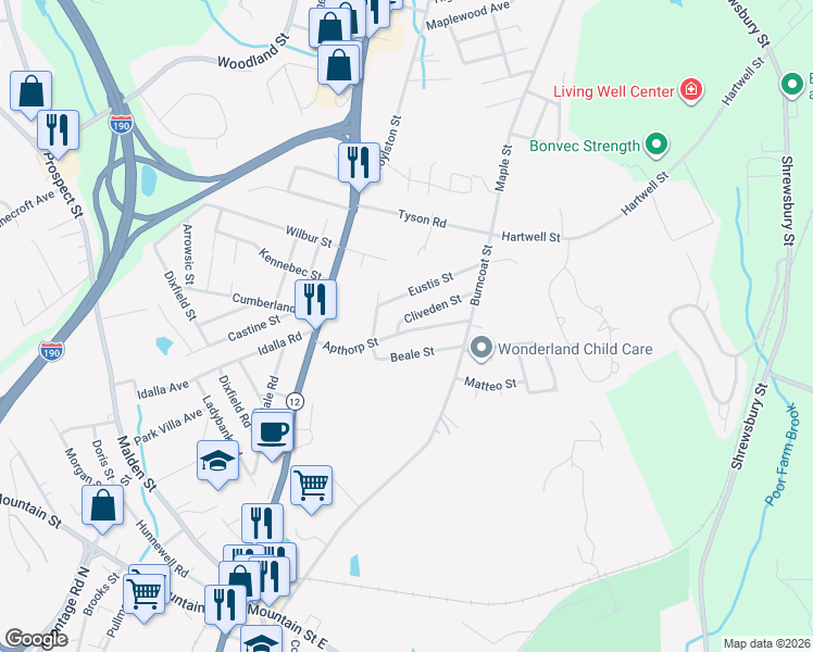 map of restaurants, bars, coffee shops, grocery stores, and more near 60A Apthorp Street in Worcester