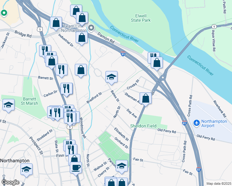 map of restaurants, bars, coffee shops, grocery stores, and more near 31 Bates Street in Northampton