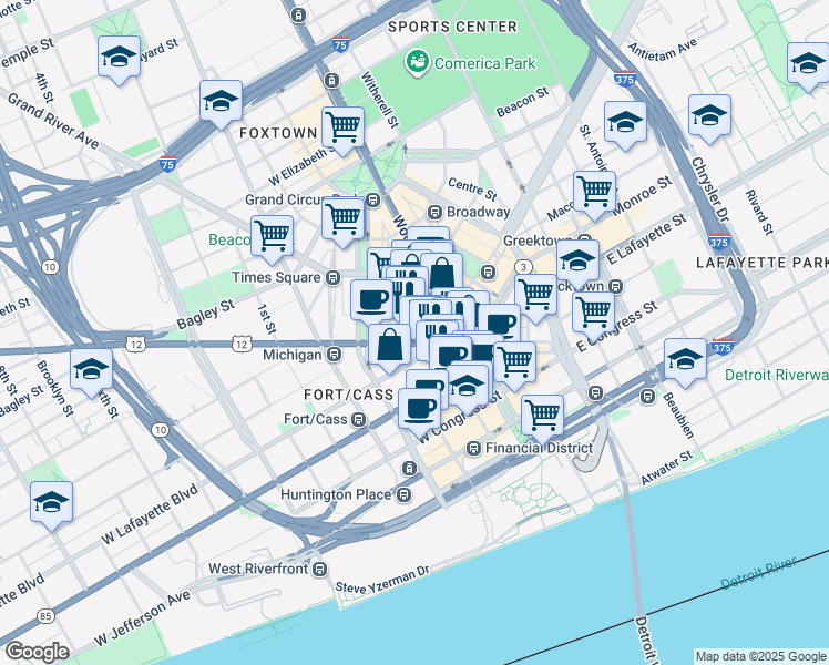 map of restaurants, bars, coffee shops, grocery stores, and more near 131 West Lafayette Boulevard in Detroit