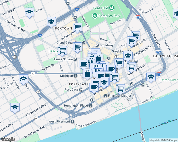 map of restaurants, bars, coffee shops, grocery stores, and more near 131 West Lafayette Boulevard in Detroit
