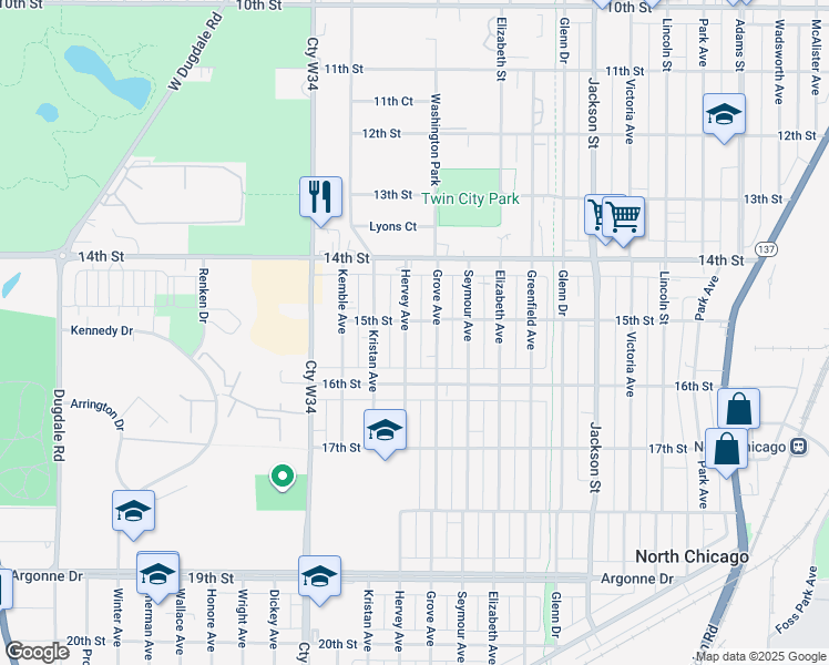 map of restaurants, bars, coffee shops, grocery stores, and more near 1519 Hervey Avenue in North Chicago