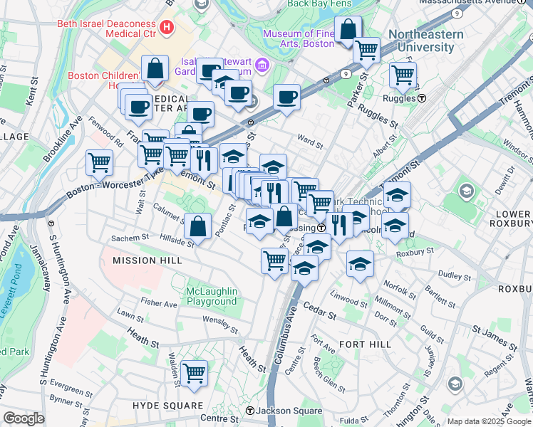 map of restaurants, bars, coffee shops, grocery stores, and more near 1480 Tremont Street in Boston