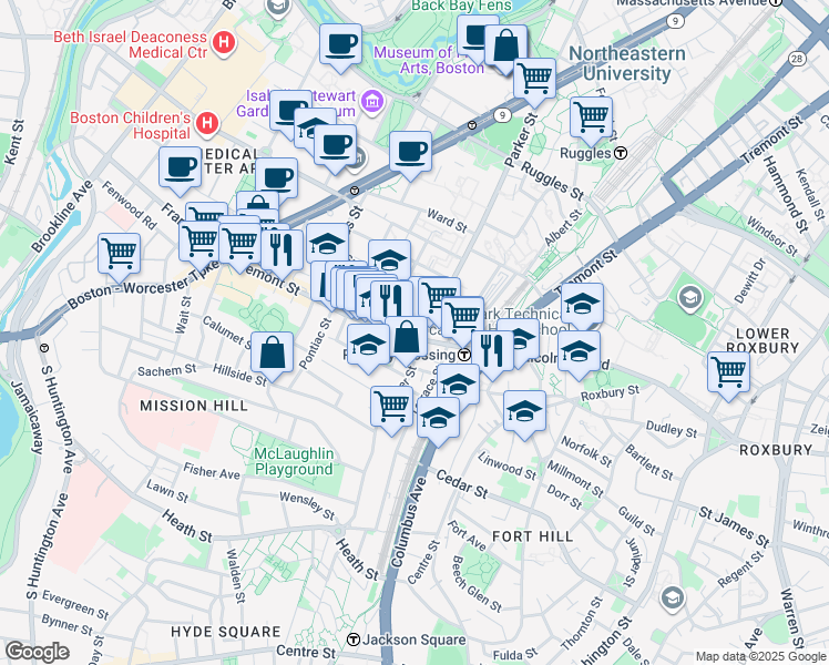 map of restaurants, bars, coffee shops, grocery stores, and more near 3 Morton Place in Boston