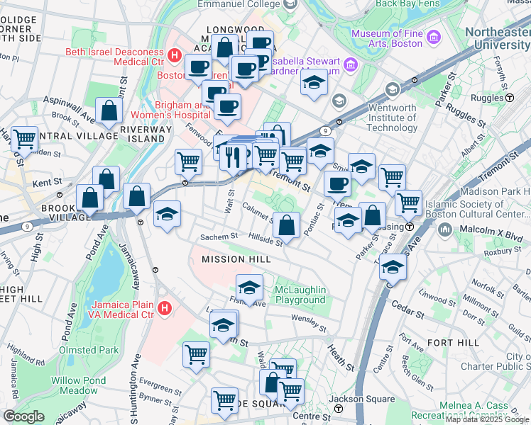 map of restaurants, bars, coffee shops, grocery stores, and more near 68 Calumet Street in Boston