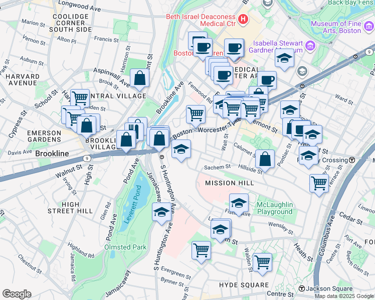 map of restaurants, bars, coffee shops, grocery stores, and more near 11 Sunset Street in Boston