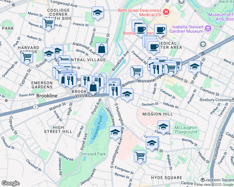 map of restaurants, bars, coffee shops, grocery stores, and more near 25-25A South Huntington Avenue in Boston