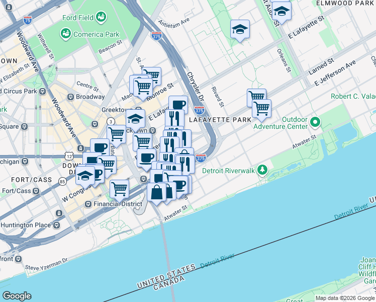 map of restaurants, bars, coffee shops, grocery stores, and more near 601 East Jefferson in Detroit