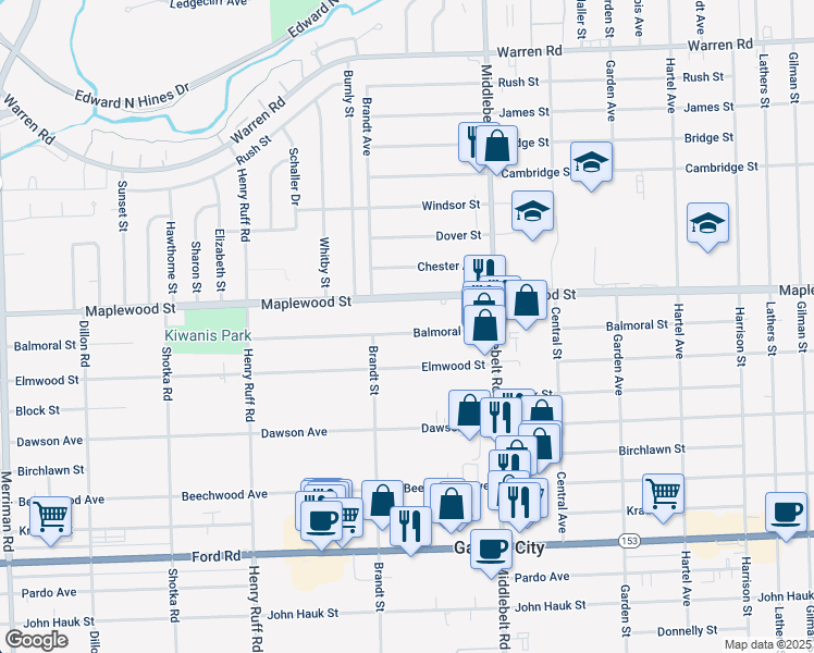 map of restaurants, bars, coffee shops, grocery stores, and more near 29658 Balmoral Avenue in Garden City