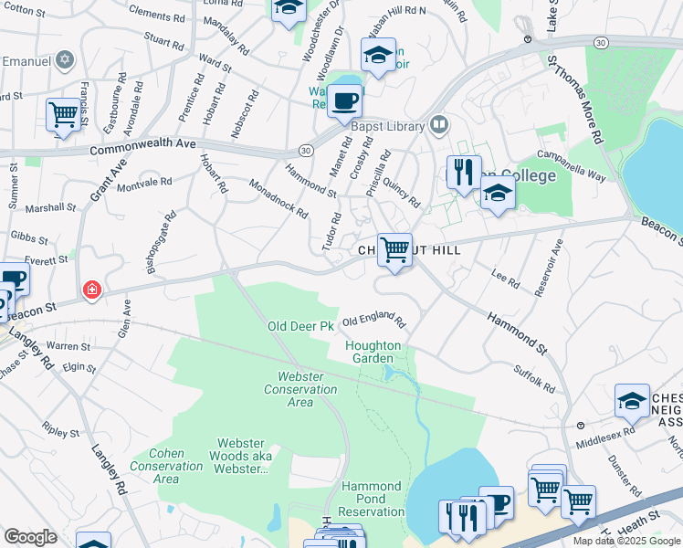 map of restaurants, bars, coffee shops, grocery stores, and more near 400 Beacon Street in Newton