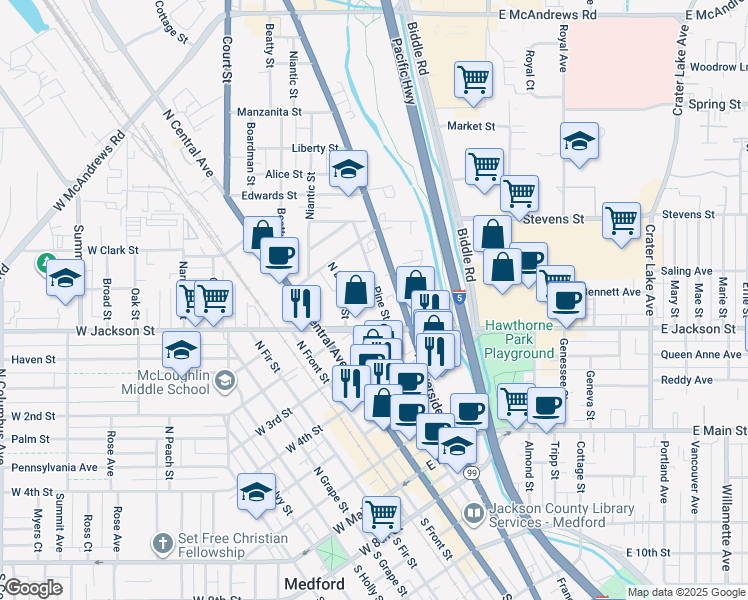 map of restaurants, bars, coffee shops, grocery stores, and more near 625 Pine Street in Medford