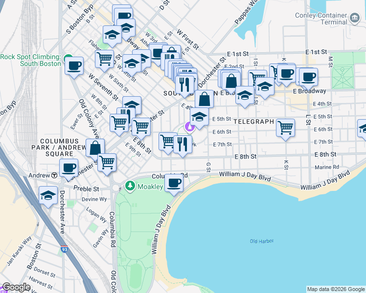 map of restaurants, bars, coffee shops, grocery stores, and more near 378 East 8th Street in Boston