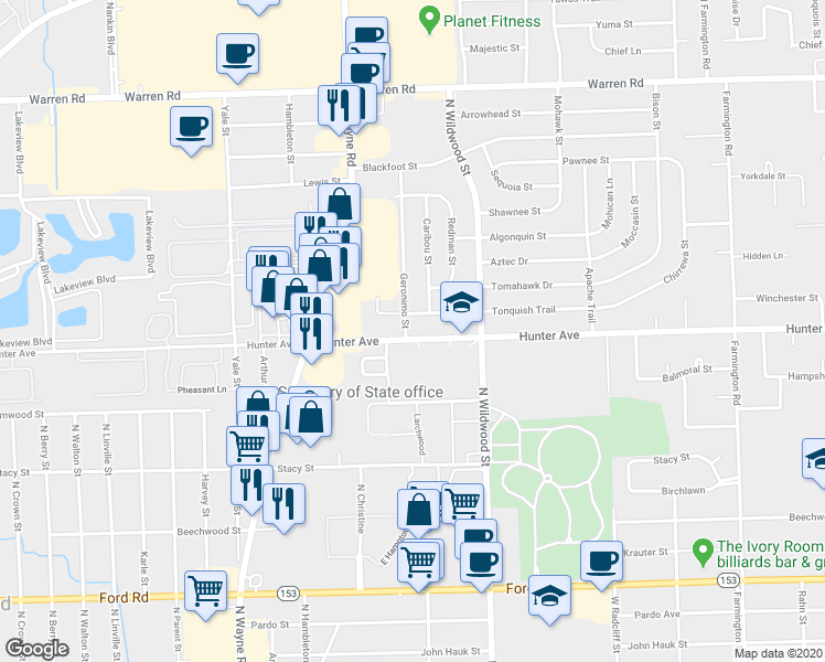 map of restaurants, bars, coffee shops, grocery stores, and more near 34750 Hunter Avenue in Westland