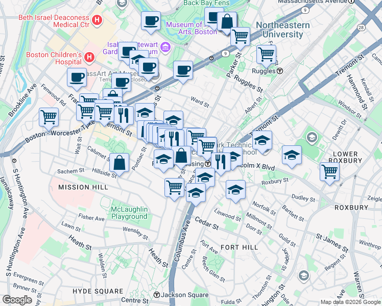 map of restaurants, bars, coffee shops, grocery stores, and more near Parker Street in Boston