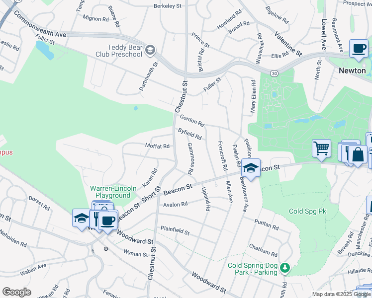 map of restaurants, bars, coffee shops, grocery stores, and more near 54 Gammons Road in Newton